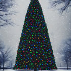 Vibrant Christmas tree with colorful lights in snowy scene