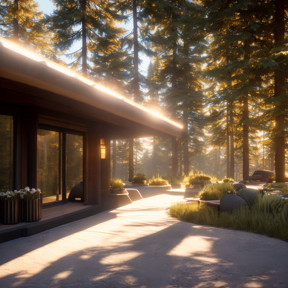 Spacious modern house in pine forest at sunset