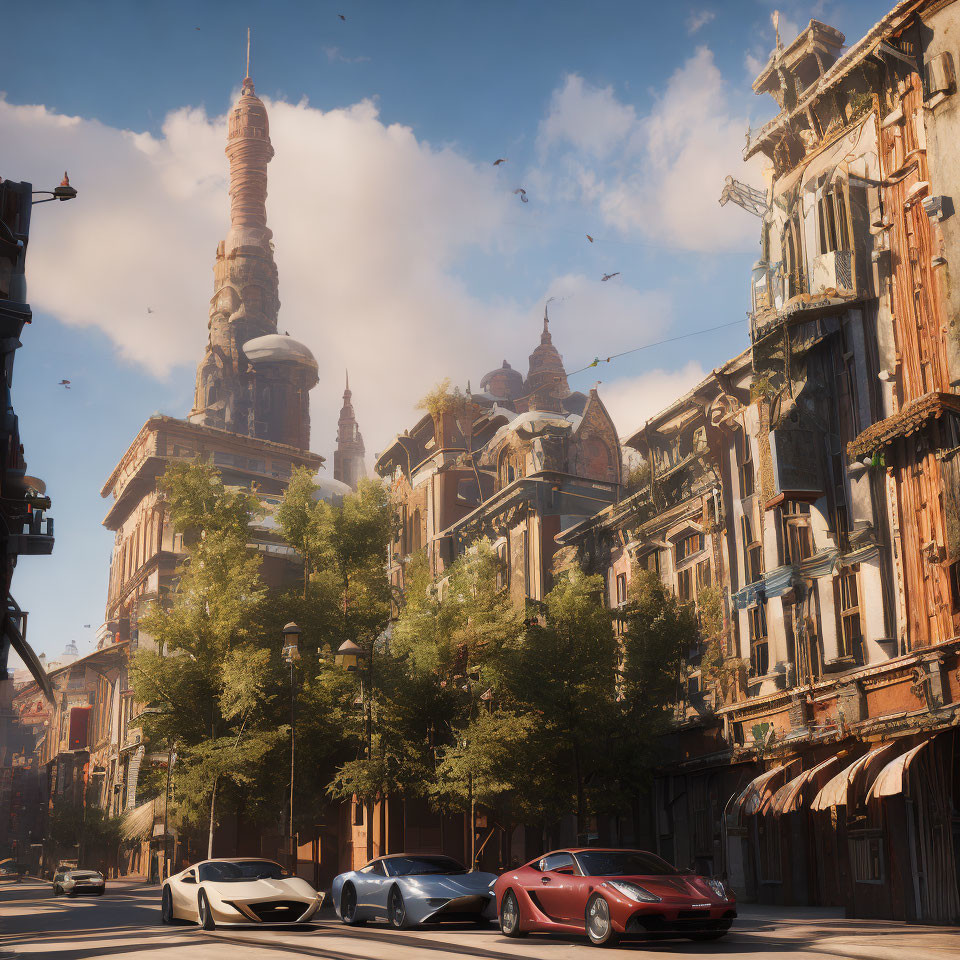 Sunlit street with sports cars, vintage buildings, and futuristic spire in a clear sky
