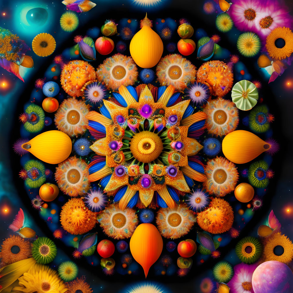Colorful Symmetrical Fractal Design with Floral Patterns and Celestial Elements