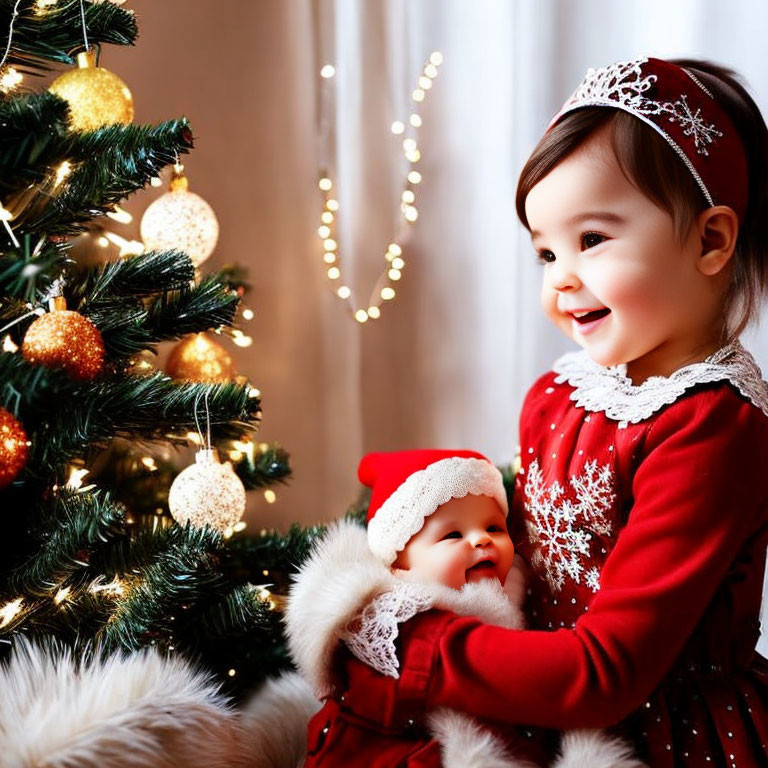 Toddler in red dress with tiara holding Santa hat doll by Christmas tree
