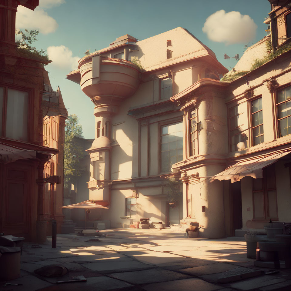Tranquil sunlit street corner with European architecture and tall buildings.