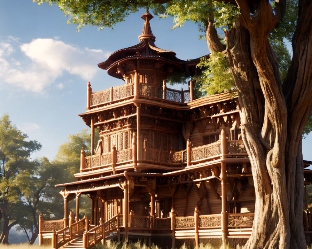 Traditional Wooden Pagoda Surrounded by Trees in Warm Sunlight