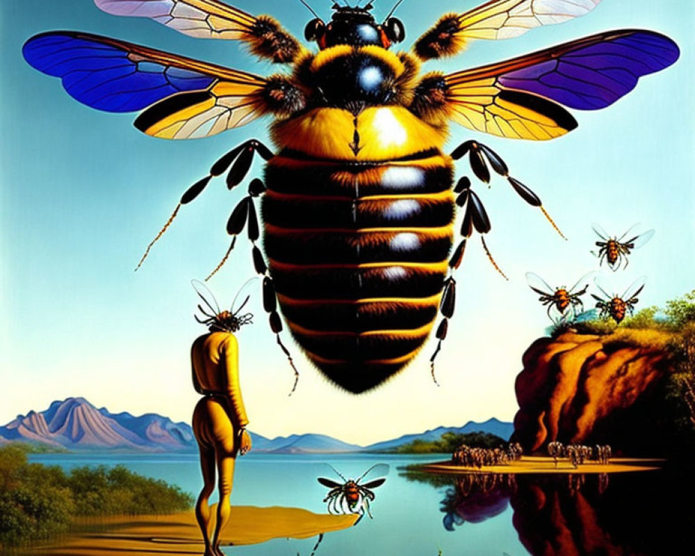 Surreal Artwork: Oversized Bee, Water Landscape, Mountains