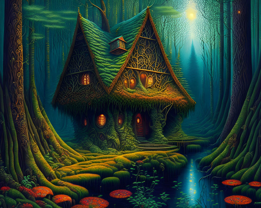 Detailed illustration of whimsical forest house in lush greenery under moonlit sky