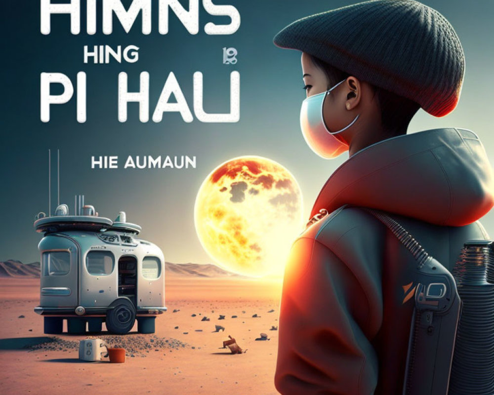 Child in cap and mask gazes at lunar landscape with retro-futuristic bus and distant planet in