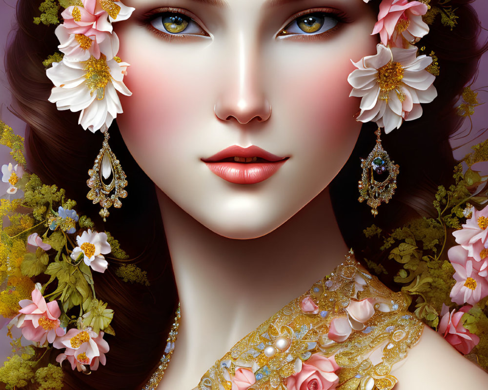 Detailed Illustration of Woman with Flower-Adorned Hair and Gold Jewelry