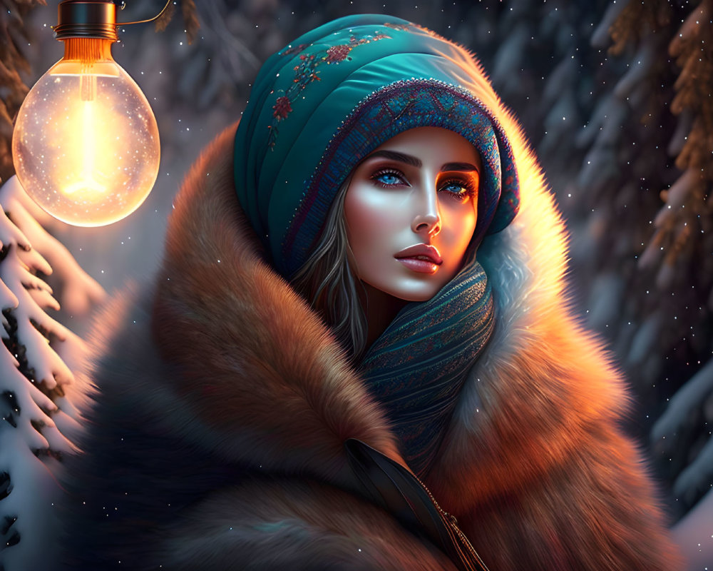 Digital artwork: Woman in fur coat and teal headwrap under warm light, snowy backdrop