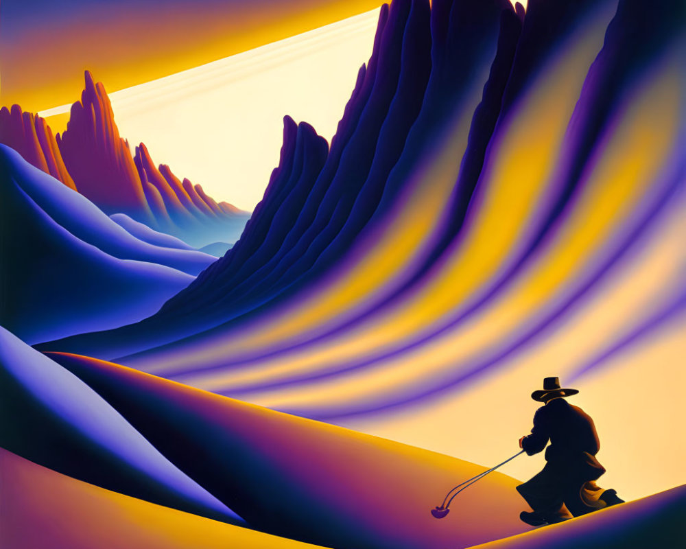 Figure Walking Through Vibrant Landscape with Purple and Orange Hues