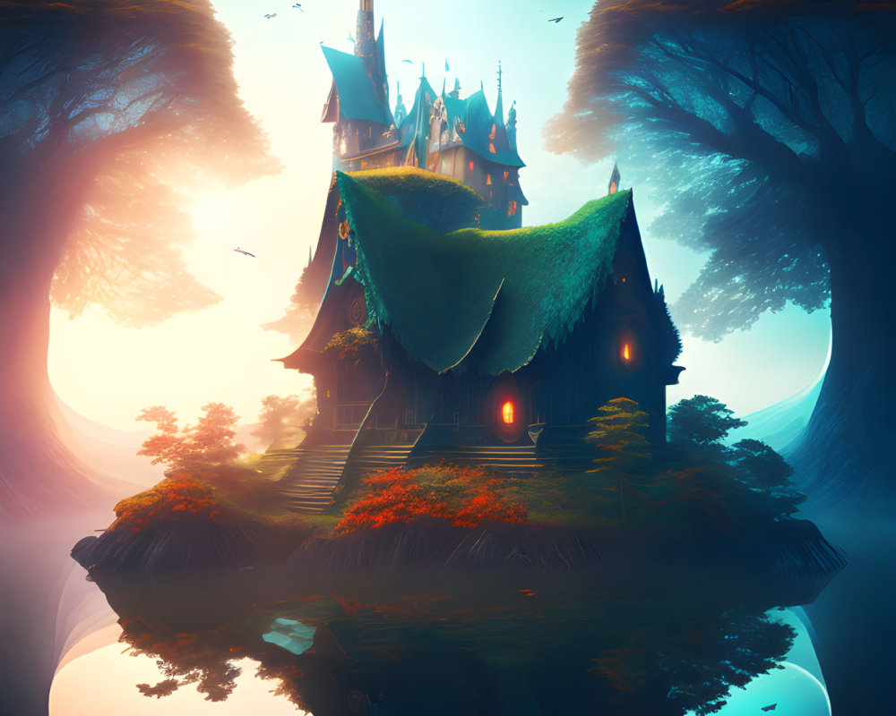 Mystical castle with towering spires and mossy roof in serene landscape