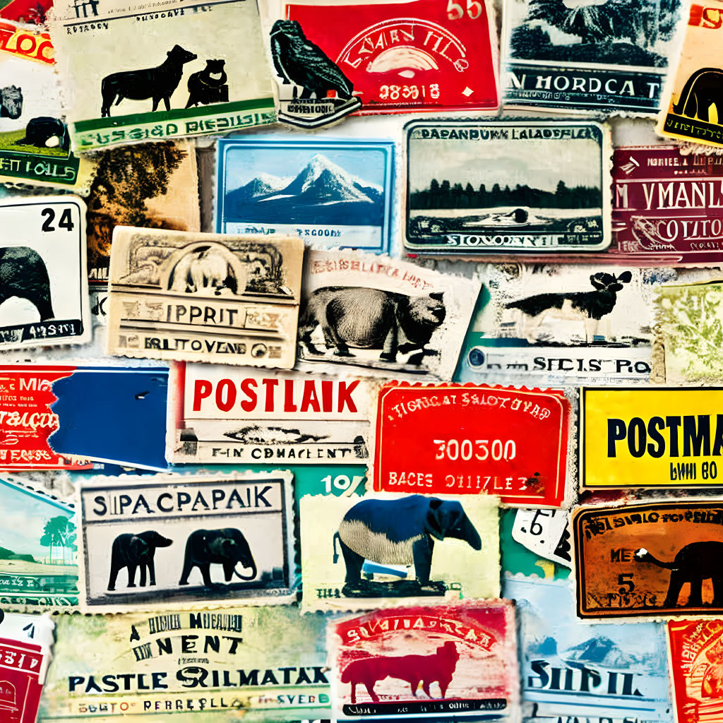 Assorted vintage postage stamps: animals, landscapes, numbers, symbols