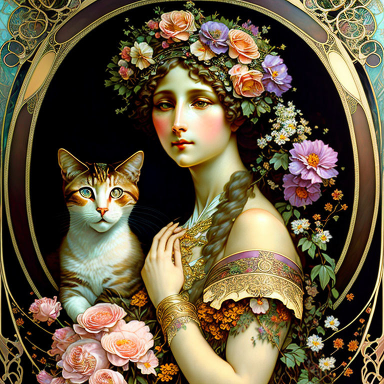 Woman with floral crown and braid with orange-and-white cat in art nouveau style