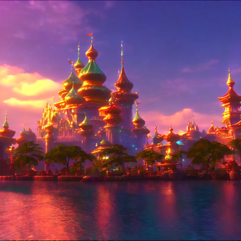 Multicolored spire-topped cityscape at sunset with magical aura