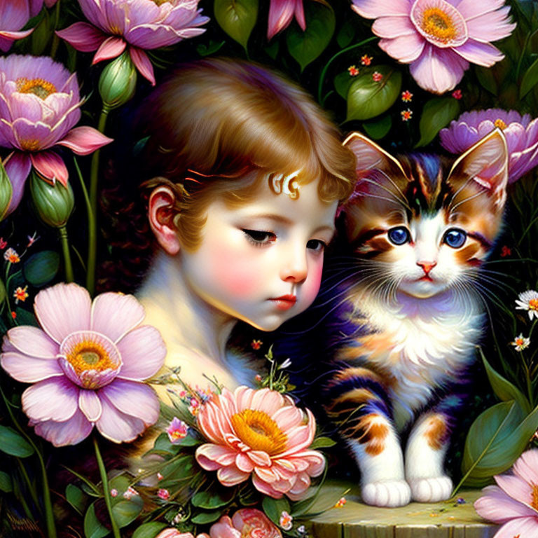 Girl, kitten and flowers