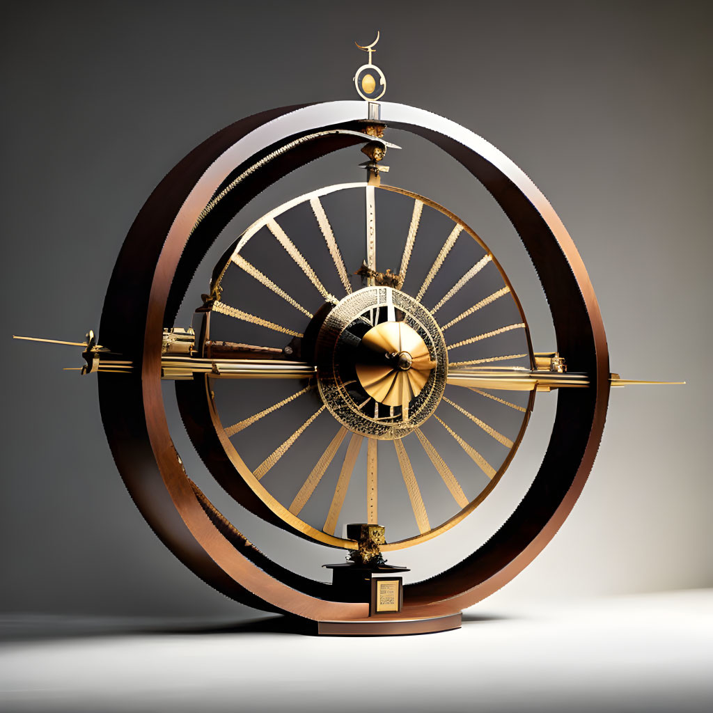 Ornate spherical mechanical clock with golden sphere and rotating rings