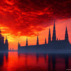 Dramatic Red Sunset Sky Silhouettes Gothic Spires & Domed Buildings