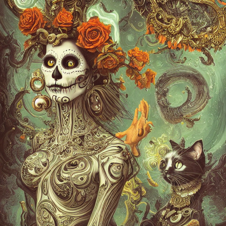 Skeleton Figure with Orange Roses and Black Cat on Green Background