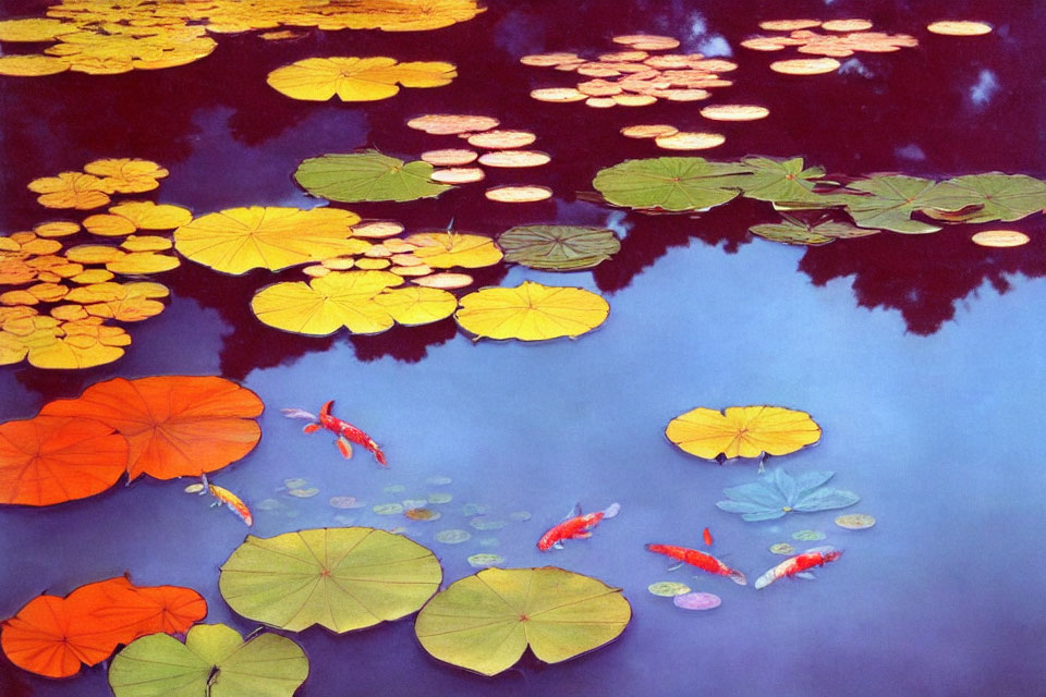 Vibrant koi fish and lily pads in serene water scene