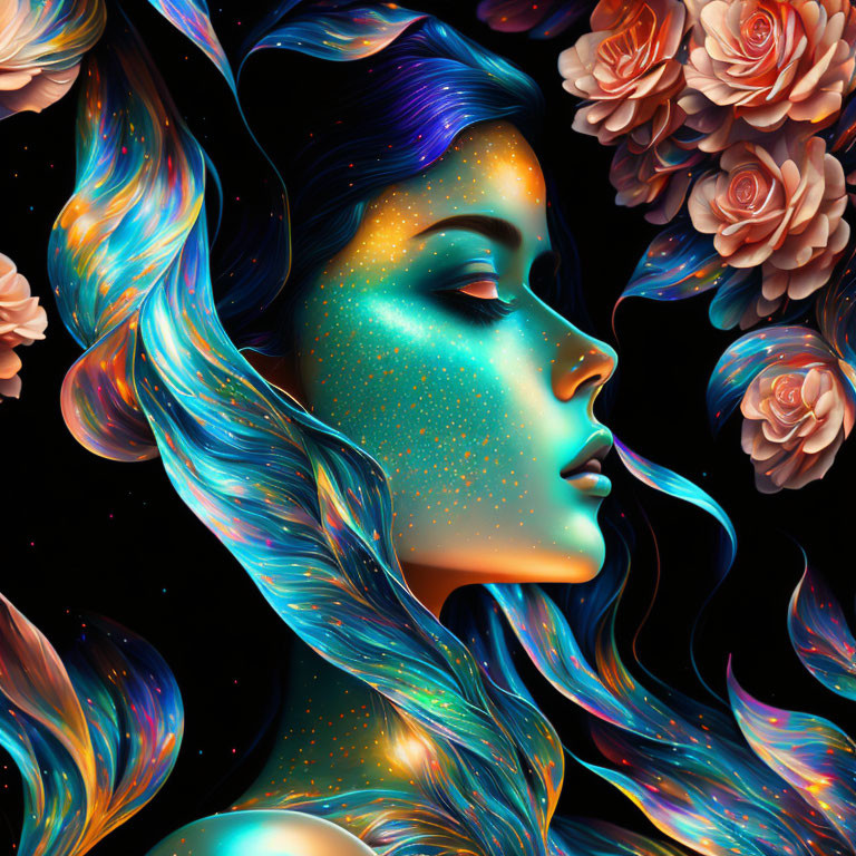 Colorful Illustration of Woman with Blue Hair and Starry Skin surrounded by Luminous Flowers