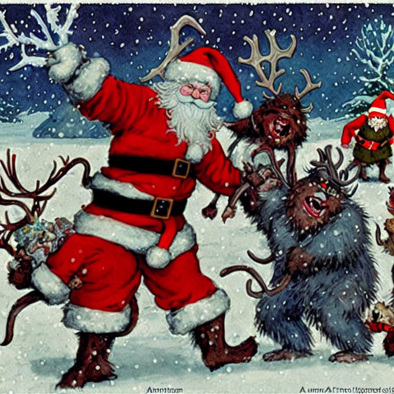 Santa Claus and reindeer in snowy night scene with dancing and guitar playing.