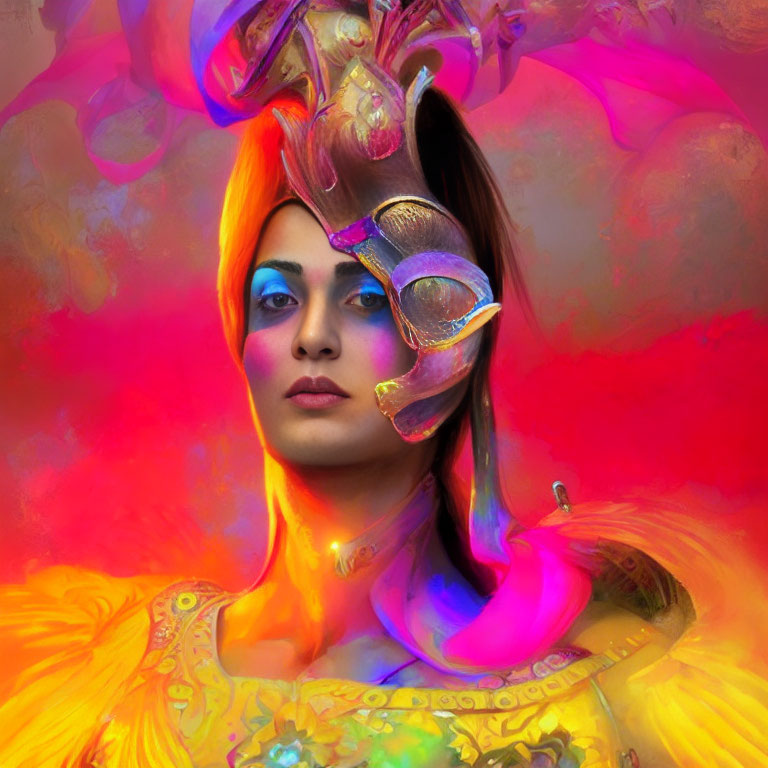 Colorful portrait with fantasy makeup and elaborate headpiece in gold, pink, and purple tones