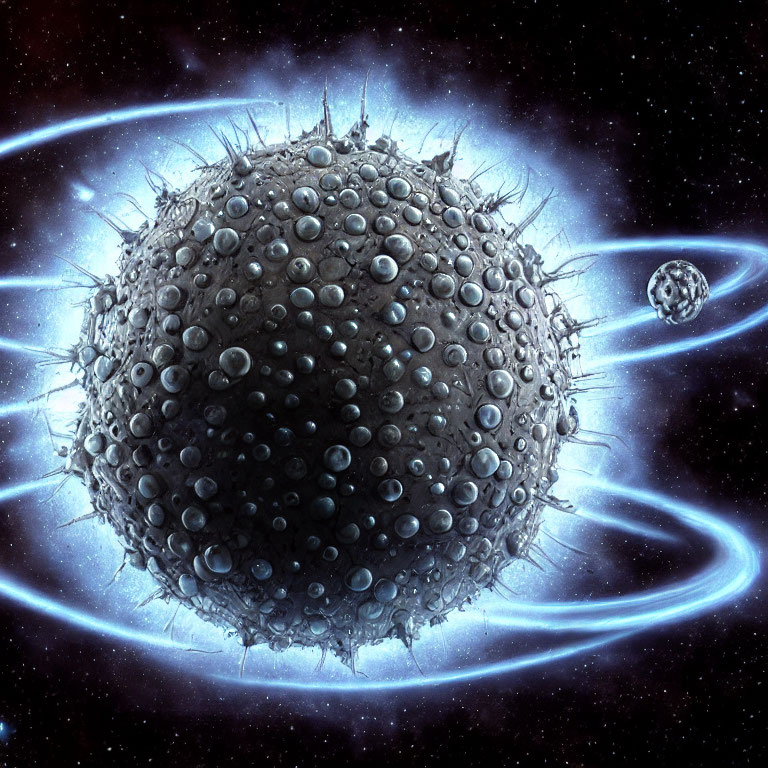 Spiky cosmic body with blue rings in space scenery.