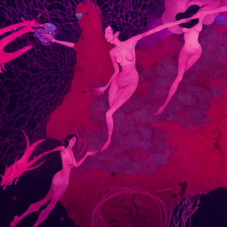 Dreamlike illustration: Three nude figures among red coral structures & surreal aquatic creature