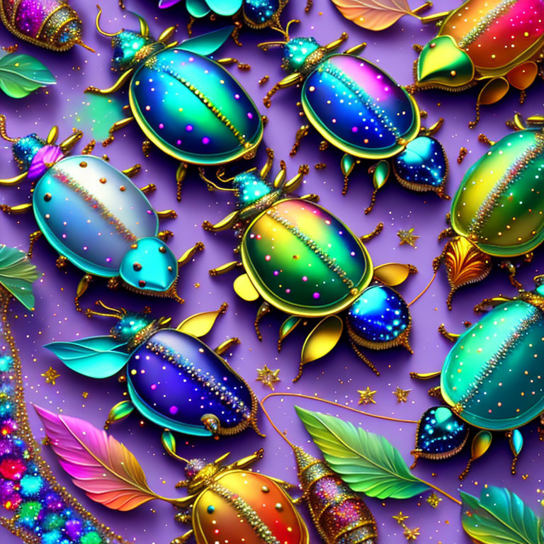 Colorful digital artwork: stylized beetles with golden accents on purple background
