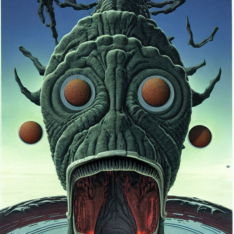Illustrated monster with multiple eyes and tentacles on sky background