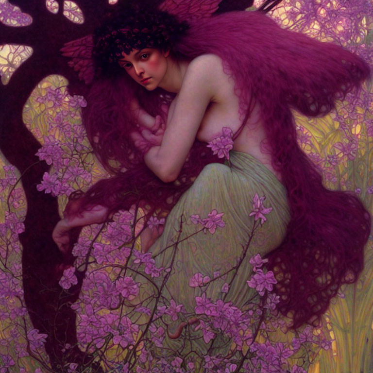 Ethereal winged figure with flower wreath in purple fantasy scene
