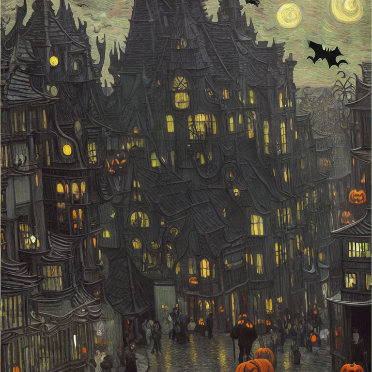 Gothic-style buildings at night with Halloween decorations and costumed revelers.