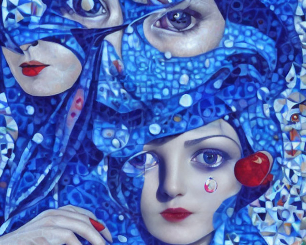 Digital artwork featuring stylized female faces in blue mosaic with red cherries & bubble textures