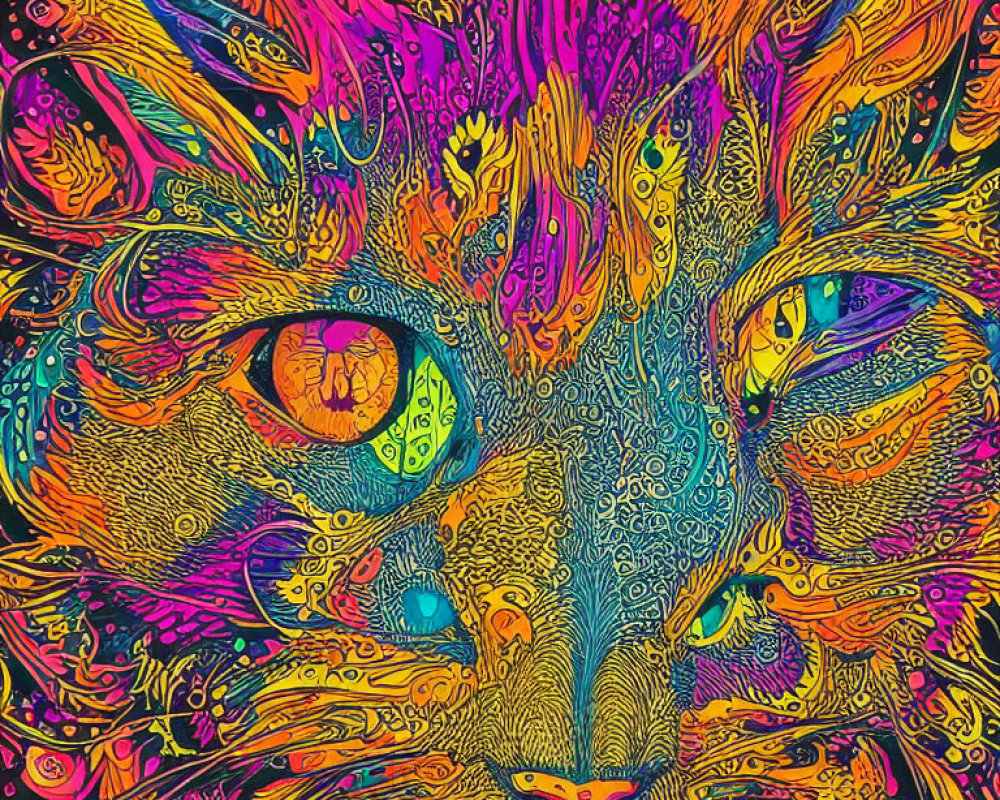 Colorful Psychedelic Cat Face Artwork with Swirling Patterns and Intense Eyes