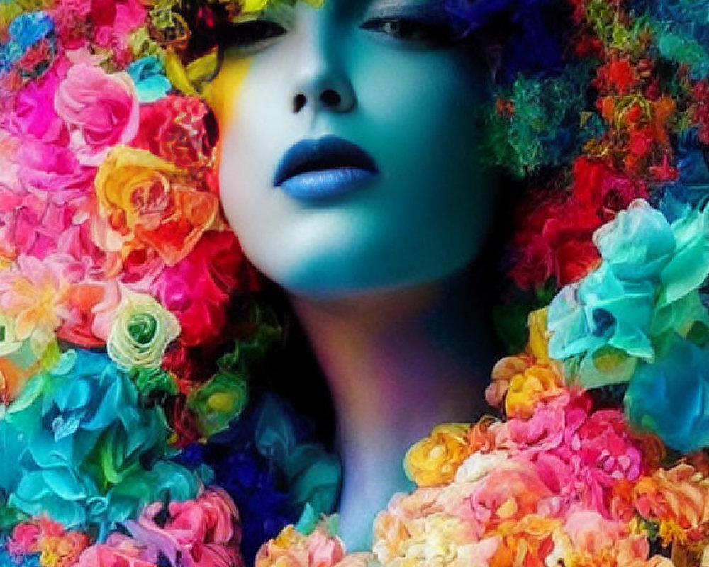 Blue-skinned person blending into colorful flowers in mysterious setting.