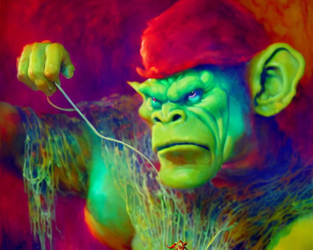 Colorful artwork featuring large green ape in red hat with smaller figure riding on arm.