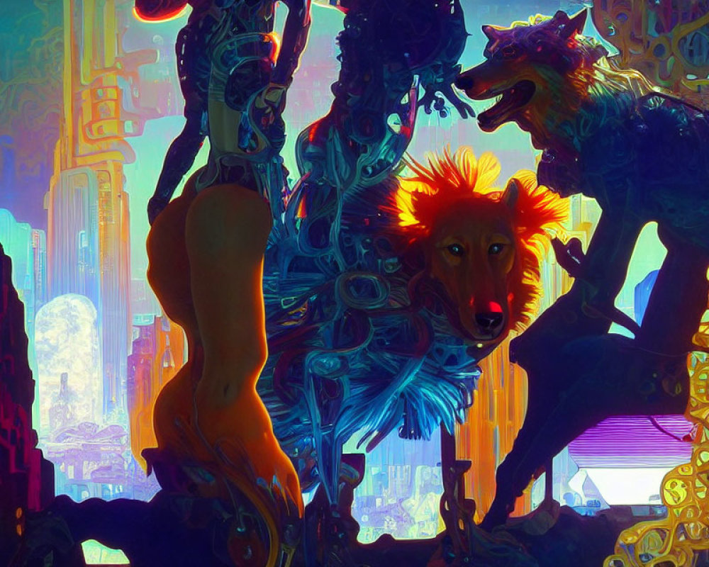 Colorful Abstract Artwork with Mechanical Elements, Human Figure, and Dogs in Futuristic Setting
