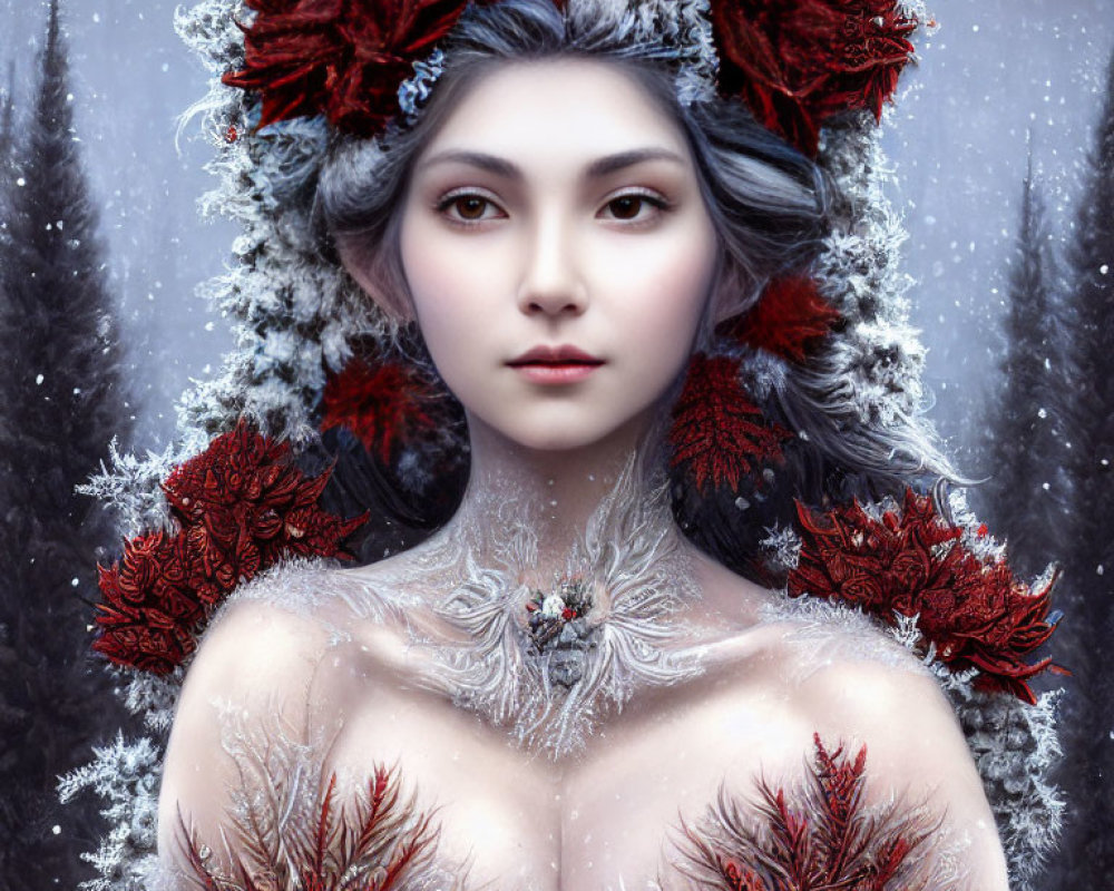 Portrait of woman with red floral headpiece and white hair in snowy winter scene