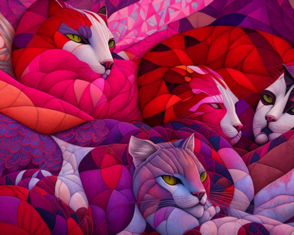 Colorful Illustration of Stylized Cats with Intricate Patterns