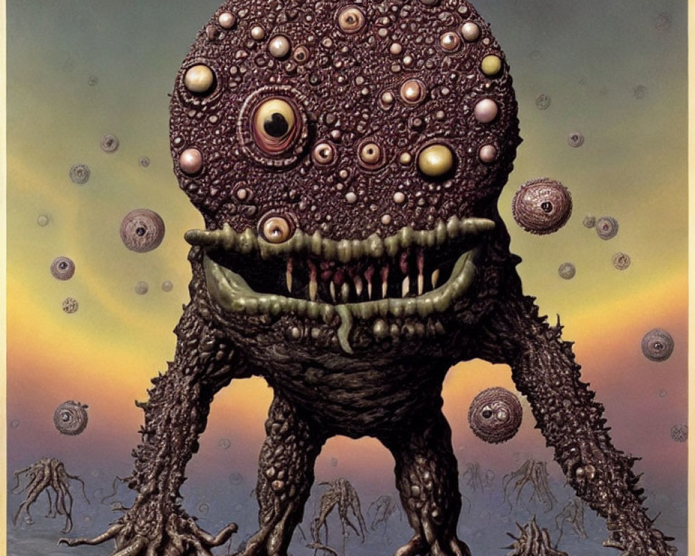 Fantastical creature with multiple eyes, jagged teeth, and root-like legs on hazy sky