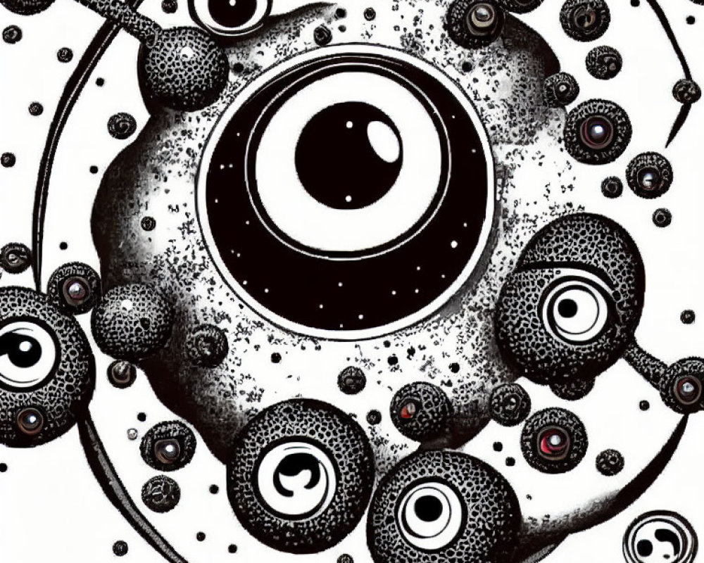 Monochrome abstract art featuring circles, orbs, eye-like centers, concentric patterns, and dotted textures