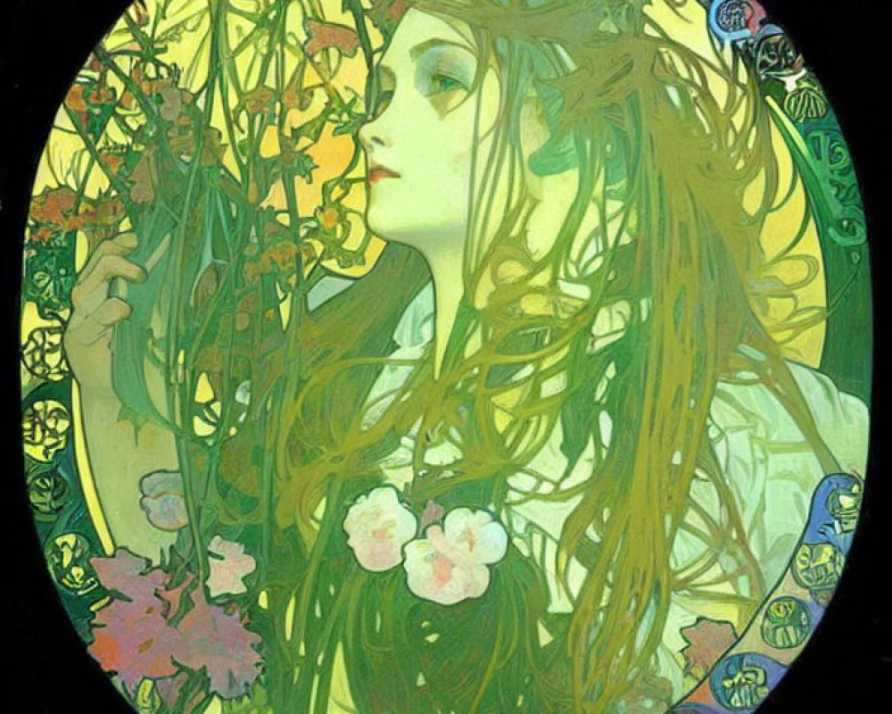 Circular Art Nouveau Woman Illustration with Flowing Hair and Green Tones