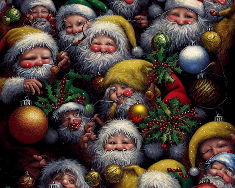Collage of Santa Claus Faces with Christmas Decorations