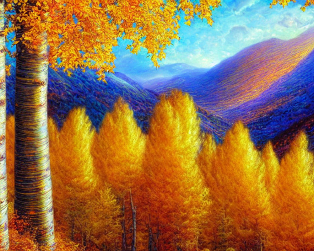 Vibrant autumn landscape with golden foliage and blue hills under warm light