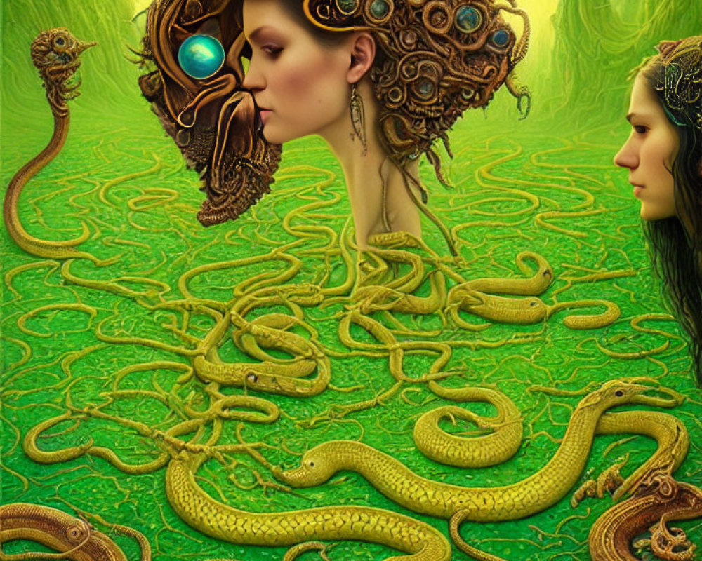 Fantasy Artwork of Women with Snake-like Hair and Serpents on Green Background