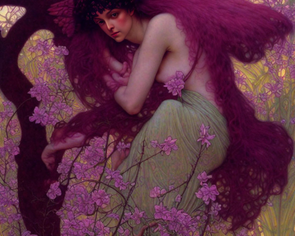 Ethereal winged figure with flower wreath in purple fantasy scene