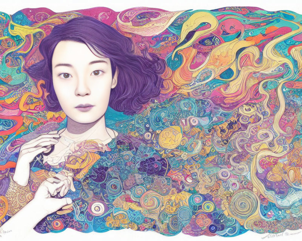 Serene woman surrounded by colorful psychedelic swirls