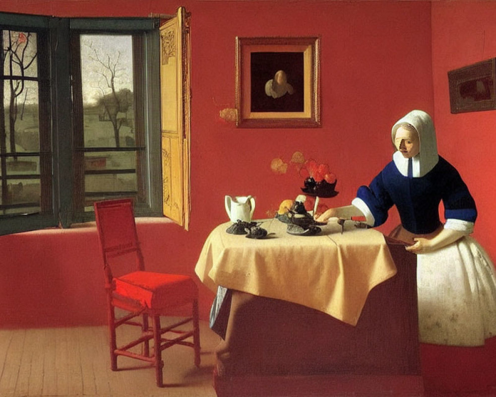 Traditional dressed woman ironing in room with large window, red chair, and painting.