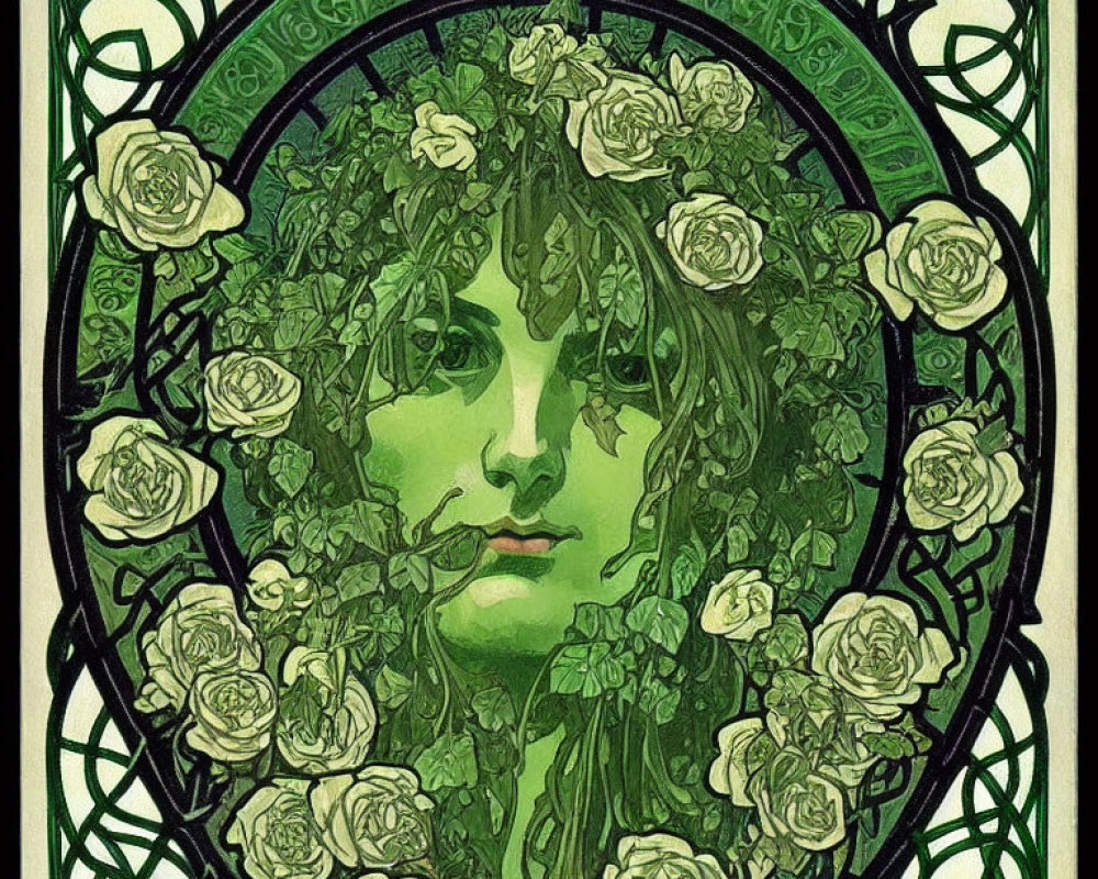 Green-toned woman's face in Art Nouveau style surrounded by vines and roses in decorative frame
