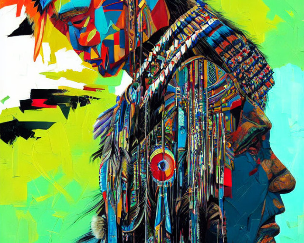 Colorful Abstract Portrait of Person in Native American Headdress