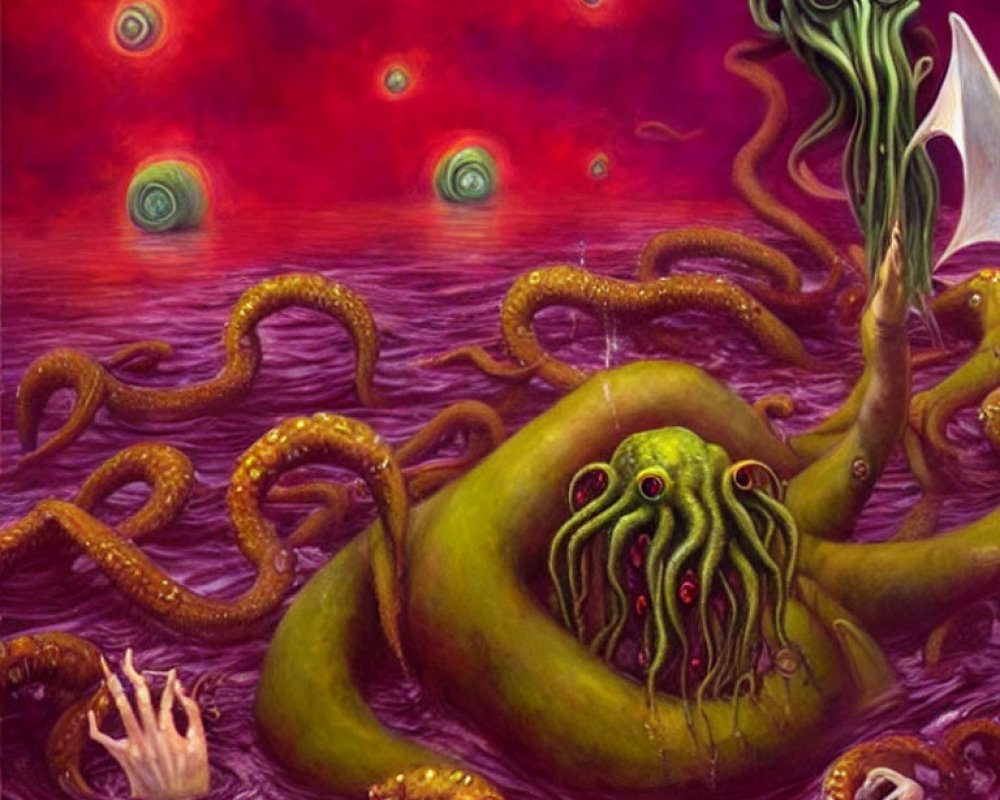 Surreal green octopus creature with humanoid figure on red backdrop